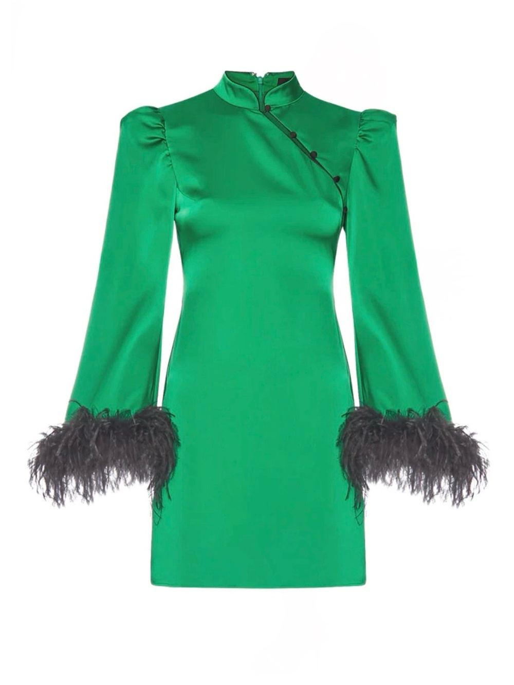NWOT De La Vali Limousine Satin Feather Trim Mini Dress In Green